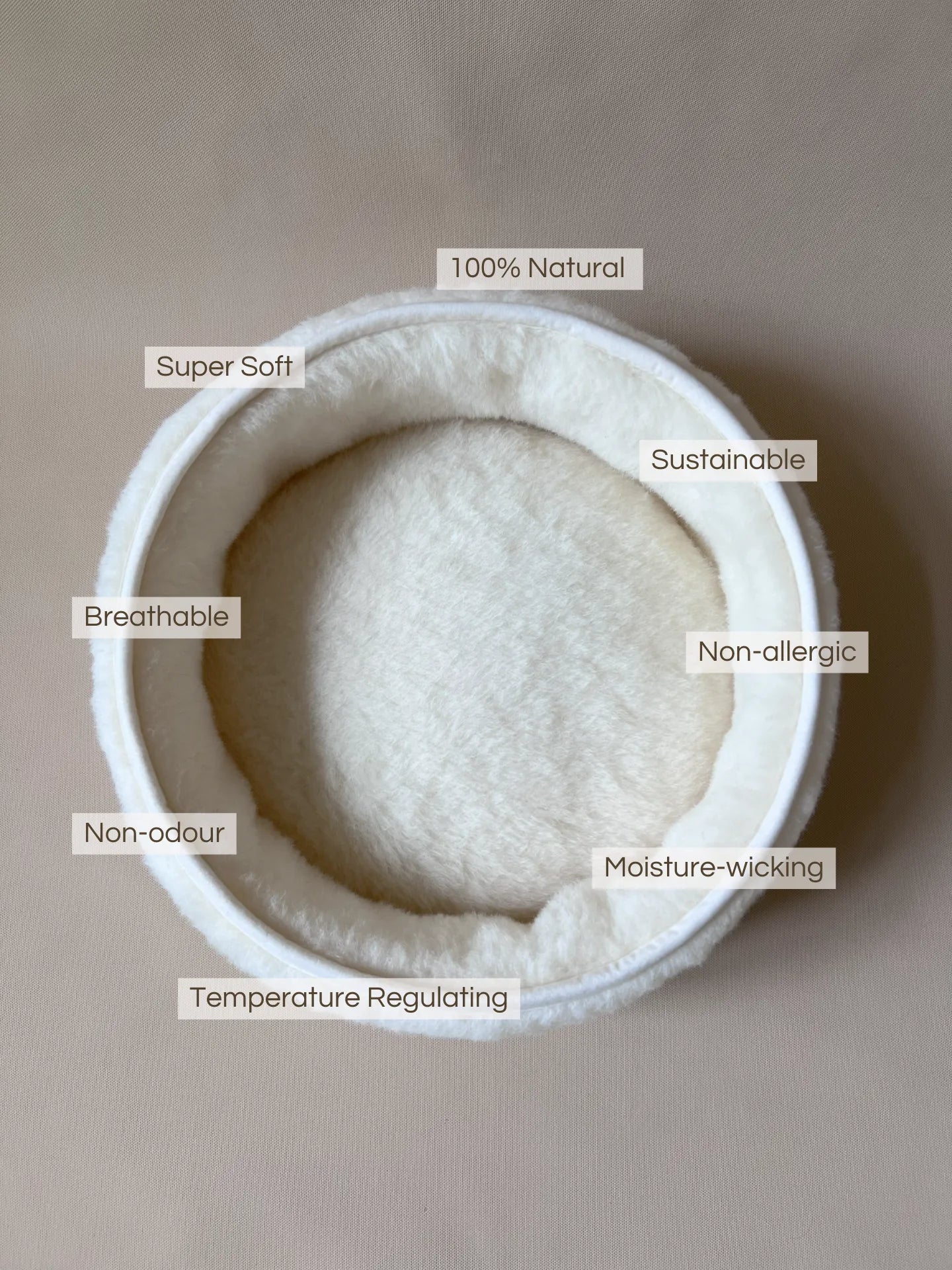 Soft wool and cashmere pet bed with plush fabric.