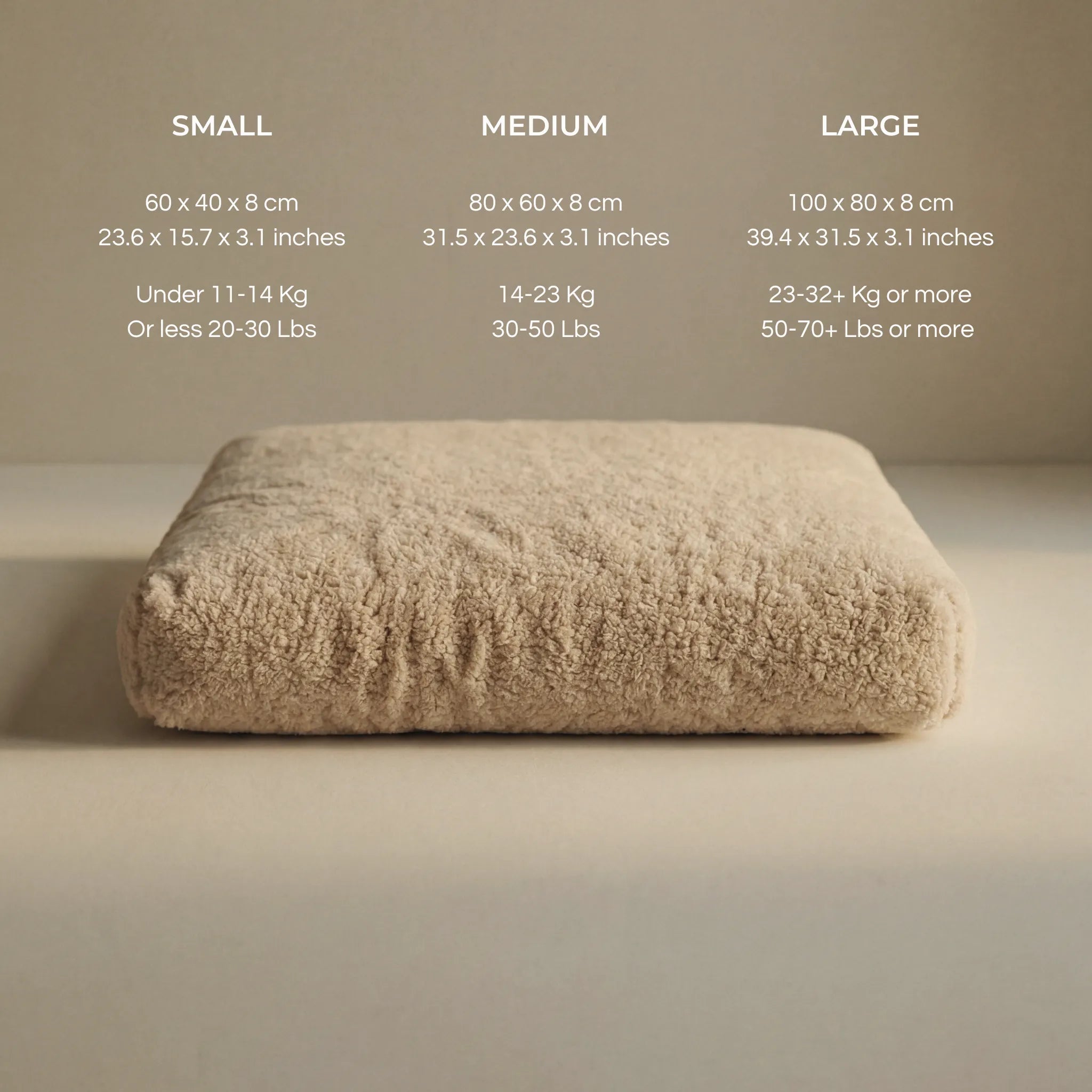 A beige 'Wool Lounge Bouclé Pet Bed' shown on a neutral beige background, with size information for Small, Medium, and Large sizes printed above it.
