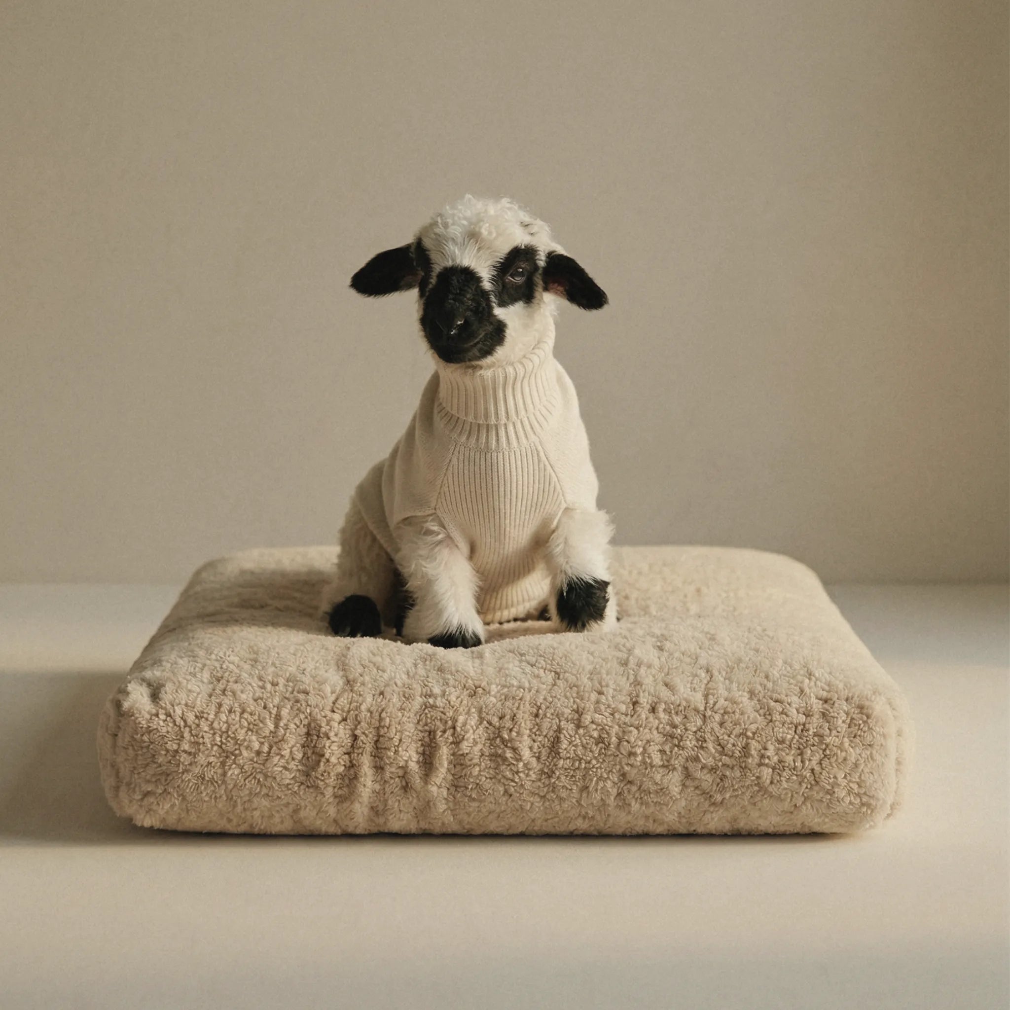 A small white lamb with a black face and ears sits on a cream pet bed against a warm beige studio background.