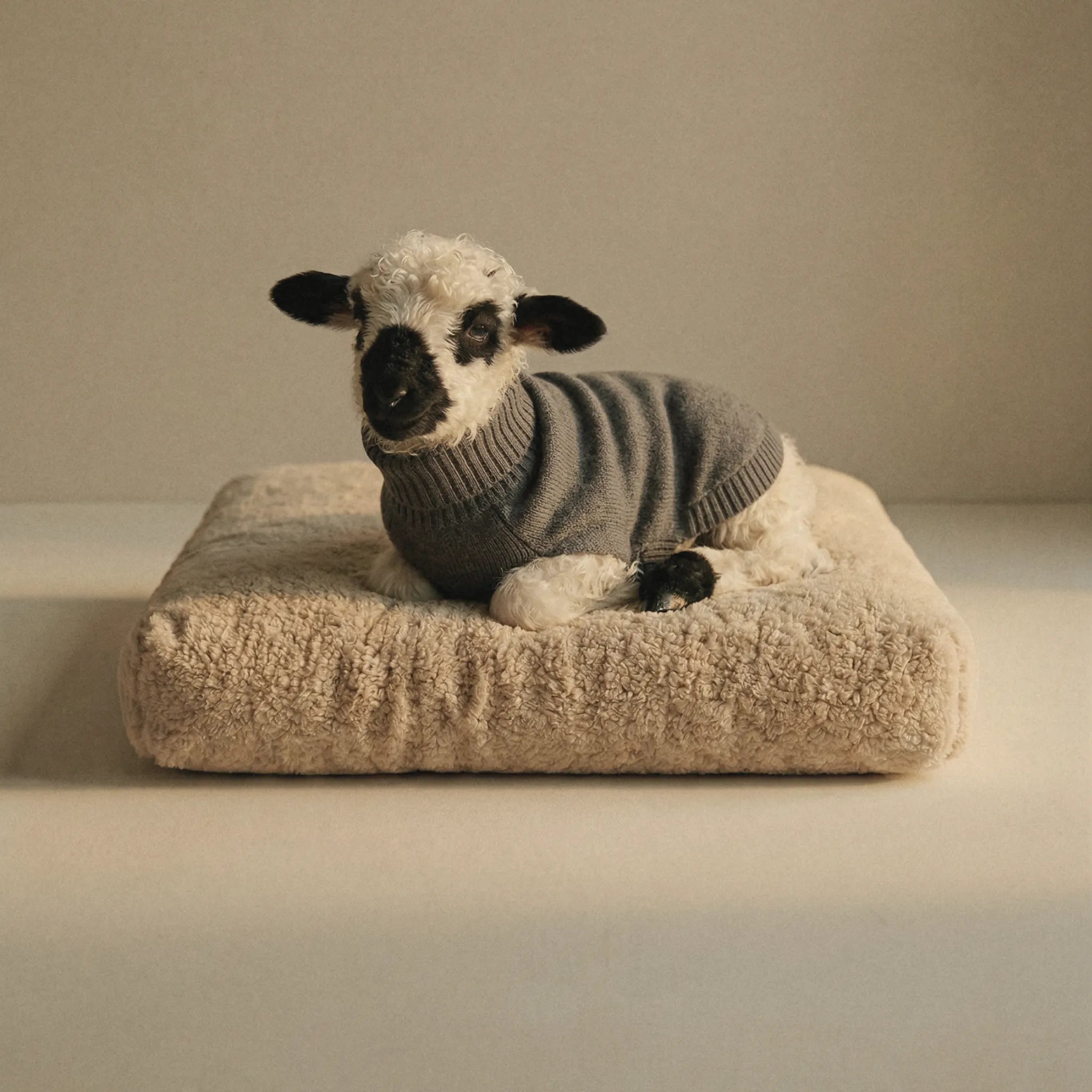 A small lamb wearing a gray knit sweater, lying on a beige textured pet bed gainst a warm beige background.