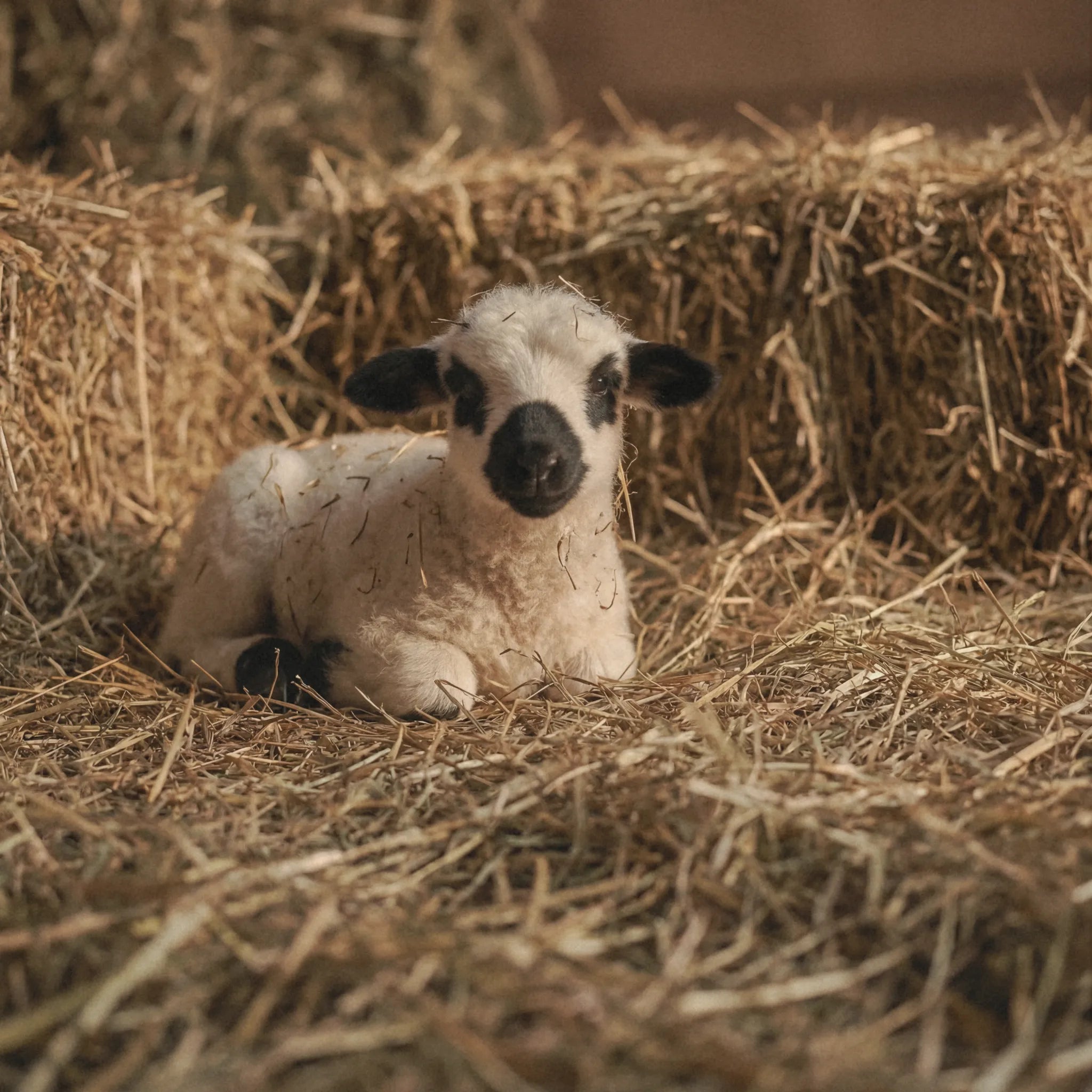 A lamb with black ears and a black muzzle lies on straw hay in a barn setting.