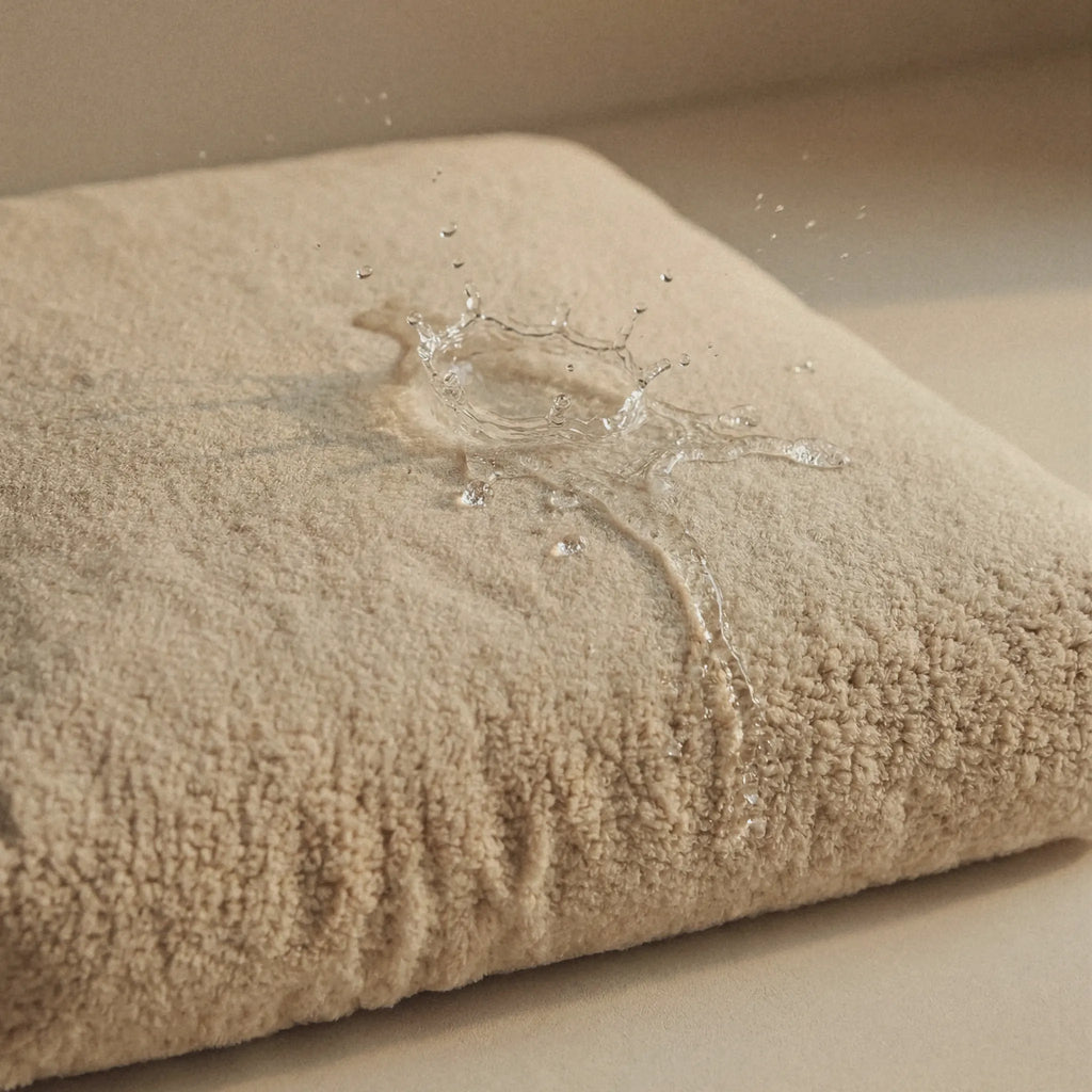A close-up of a beige pet bed with water droplets and a small water splash on its surface, demonstrating a water-resistant or waterproof finish.