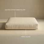 A cream inner pillow of 'Wool Lounge Bouclé Pet Bed' with text labels pointing to its 'Quilted Cotton Inner Pillow' and 'Wool Filling' against a matching beige background. 