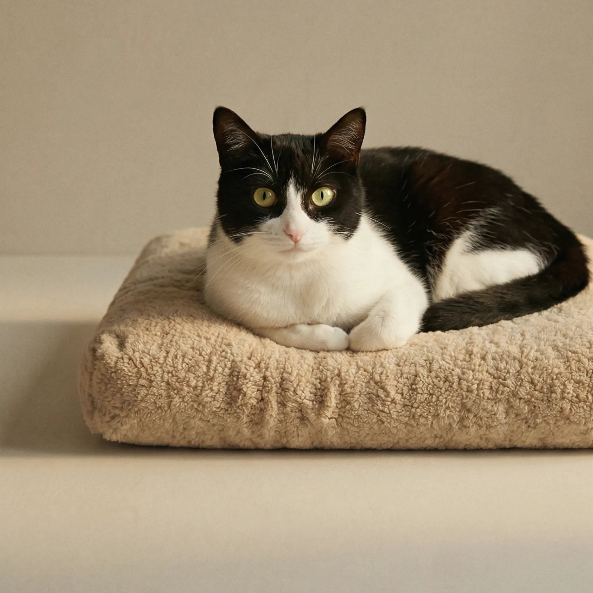 A black and white cat lies on a beige pet bed against a plain beige background.